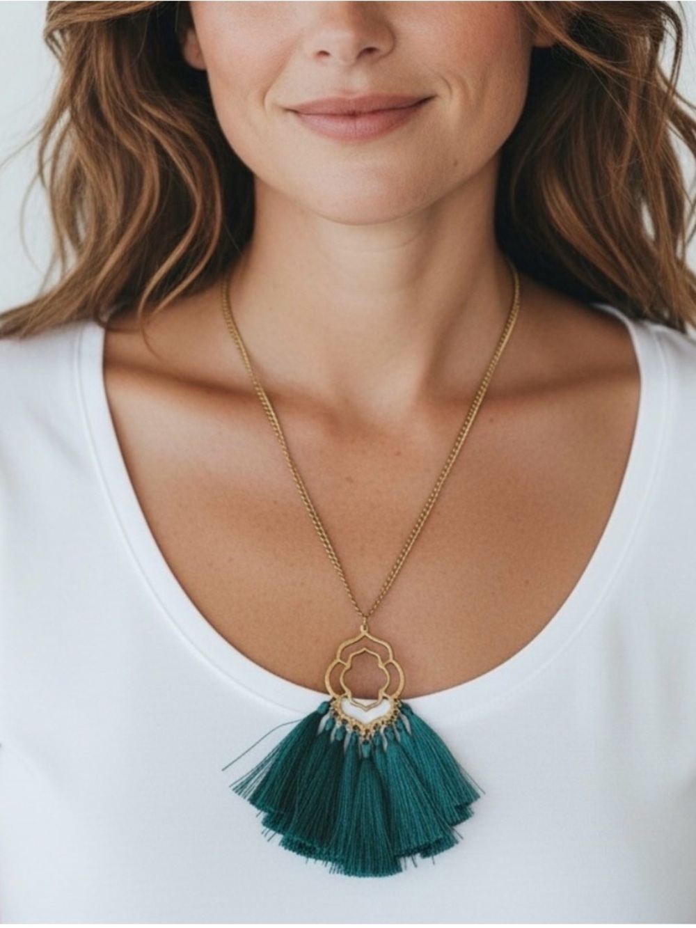 Gold Pendant Necklace with Teal Tassel